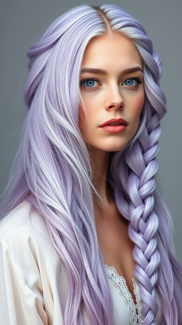 Silvery lavender braids bring a touch of sophistication with a hint of whimsy! A captivating style for those who love to stand out subtly.