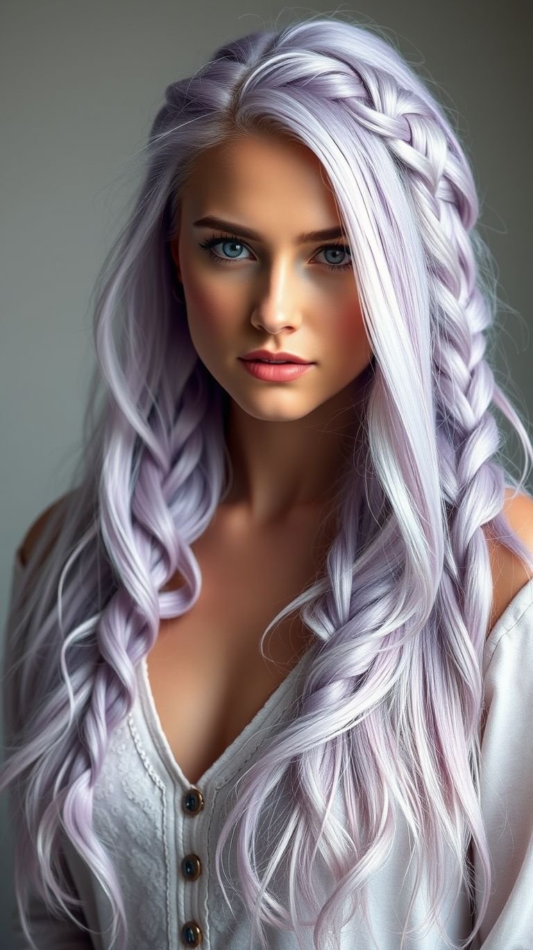 Turn your hair into a work of art with silvery lavender braids! A graceful blend of soft metallics and pastel tones that’s effortlessly stunning.