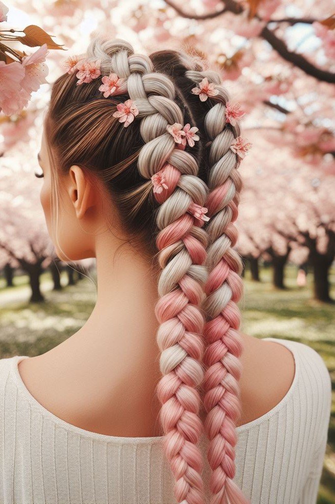 Mix soft strawberry pink with earthy brown and sleek silver for braids that are a showstopper! A perfect blend of charm and elegance.