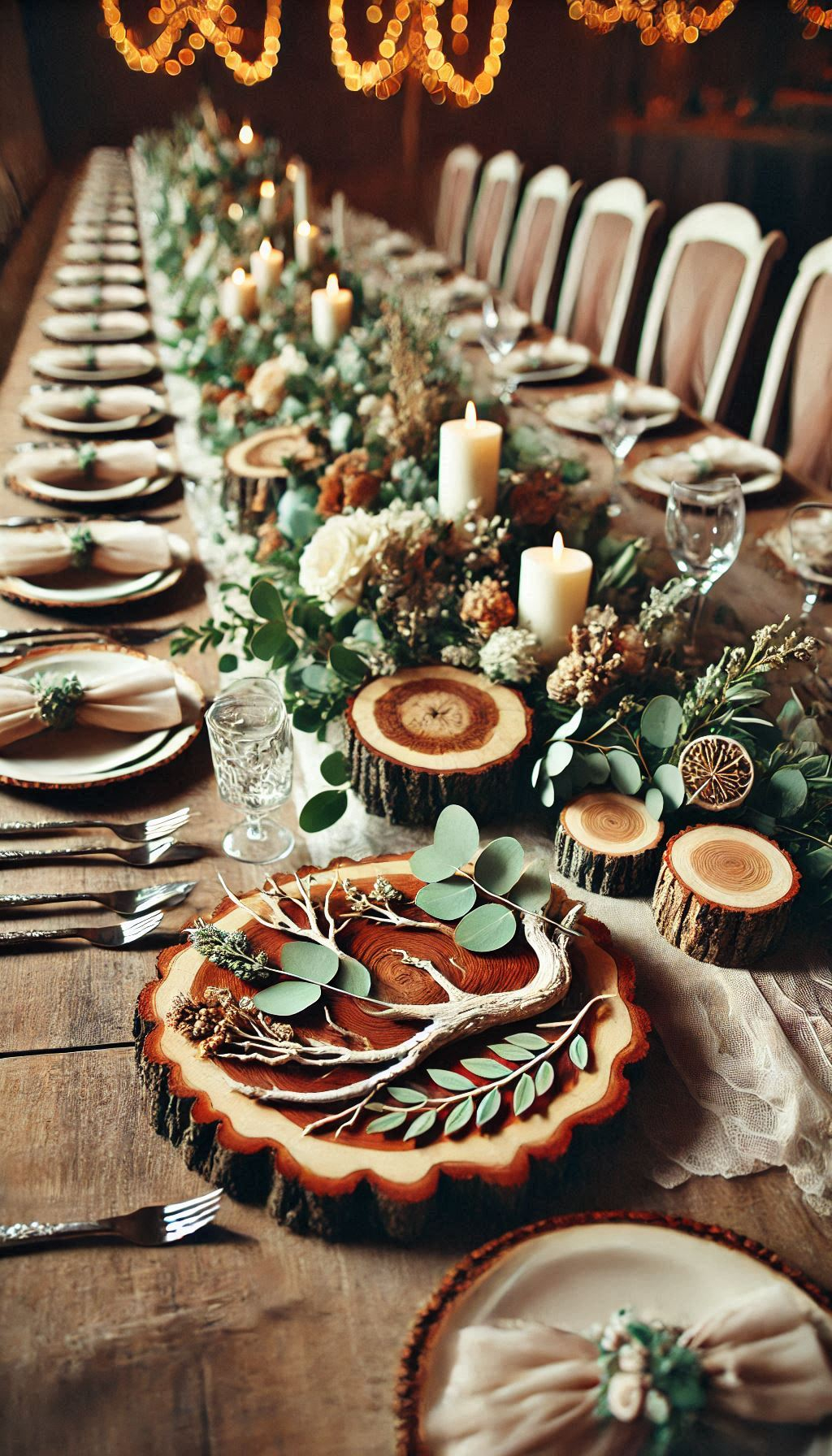 Elevate your tables with tree slices! These wooden slabs offer the perfect rustic touch for effortless centerpiece styling.
