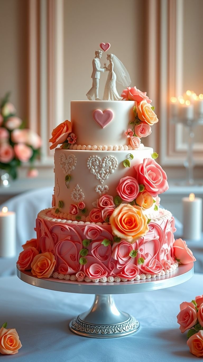 Pure elegance! A white wedding cake adorned with peach roses is the perfect blend of sophistication and romance.
