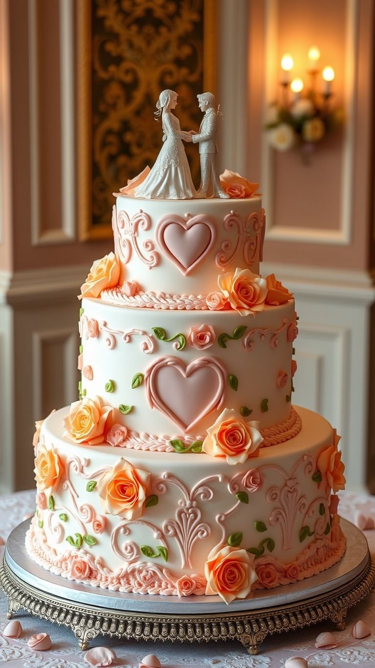 Sweet sophistication! White cakes adorned with peach roses are the perfect choice for a wedding that’s all about elegance.