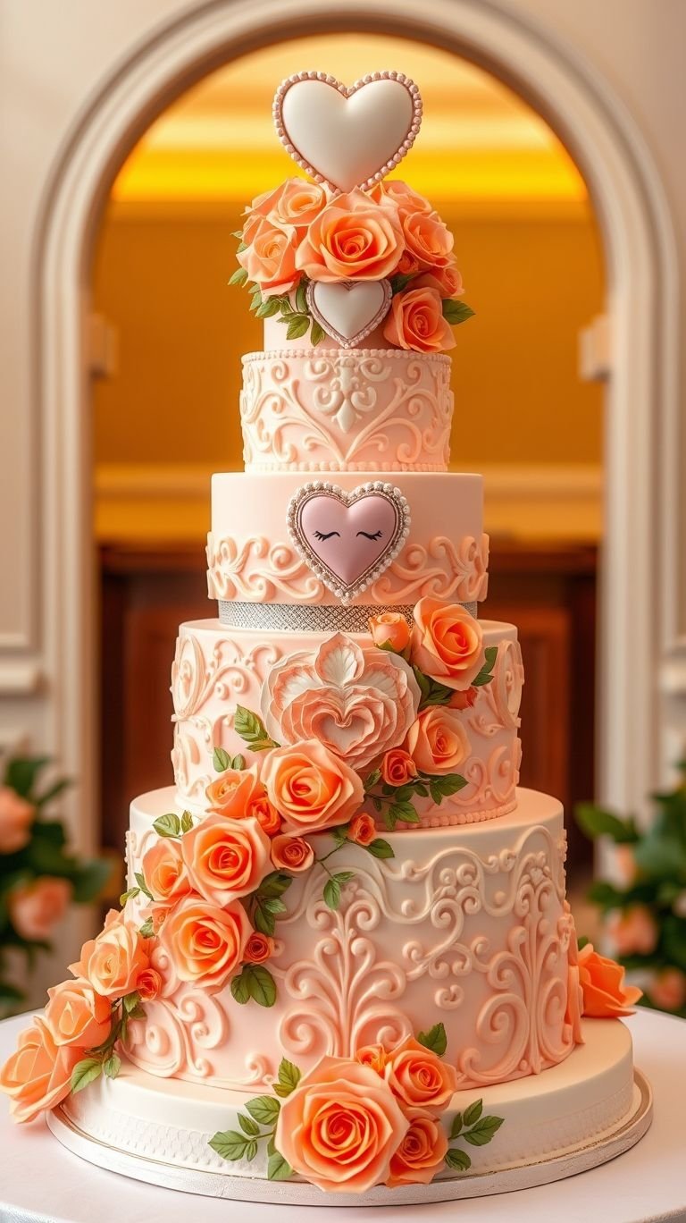 A slice of sophistication! White cakes with peach roses are the picture-perfect ending to your wedding day.