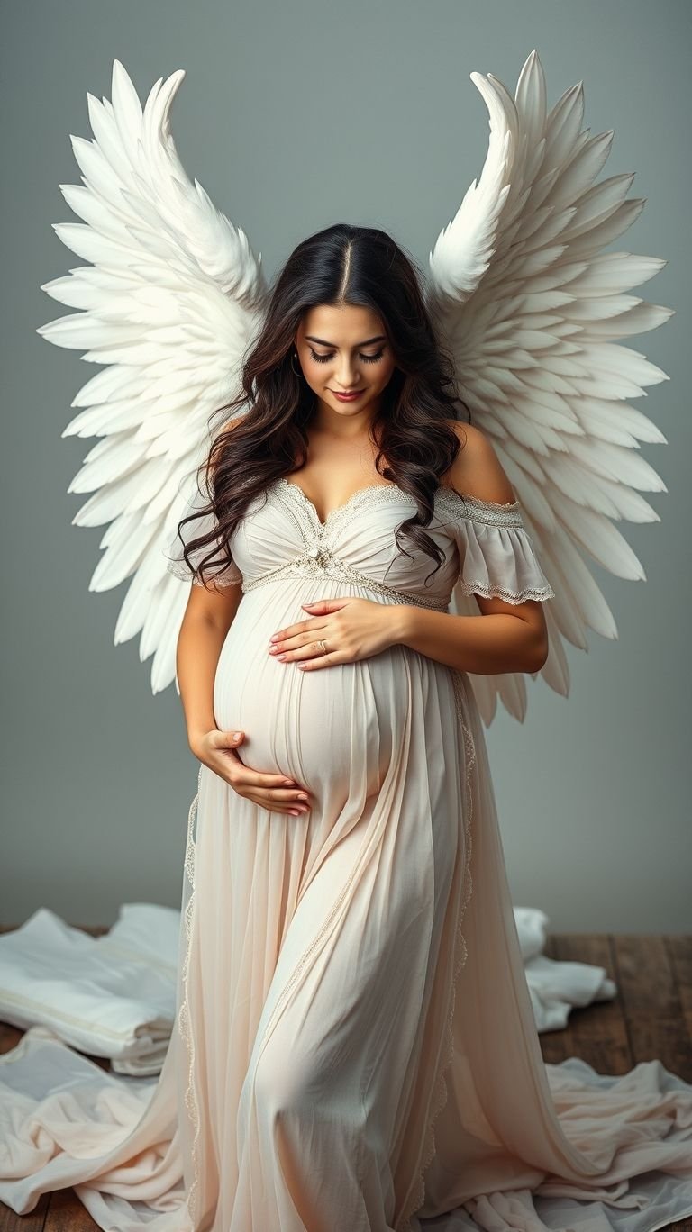 85 Pregnancy Photoshoot Ideas That Capture Pure Joy | Pocoko Elevate your maternity photoshoot with a touch of fantasy! Angel wings add drama and beauty, making every shot magical.