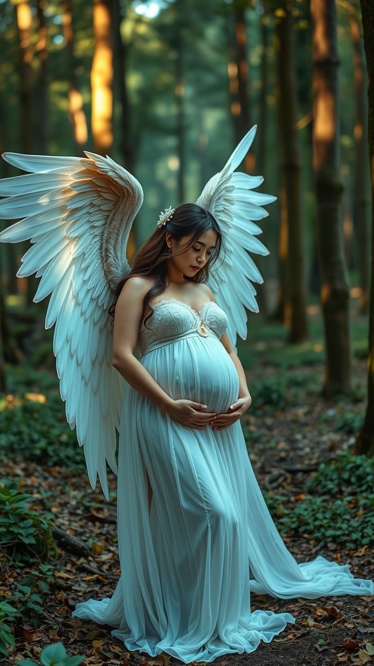 85 Pregnancy Photoshoot Ideas That Capture Pure Joy | Pocoko Pregnancy is a miracle, and angel wings perfectly embody its beauty. Float through your photoshoot with elegance and charm!