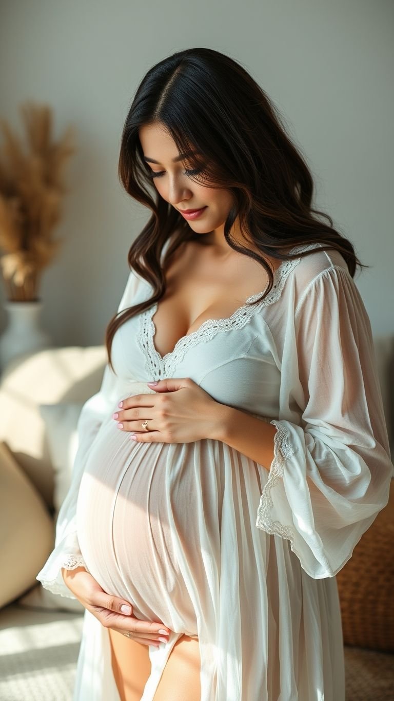 85 Pregnancy Photoshoot Ideas That Capture Pure Joy | Pocoko Simple, stunning, and oh-so-chic! White-themed indoor poses let your pregnancy glow take center stage with effortless elegance.
