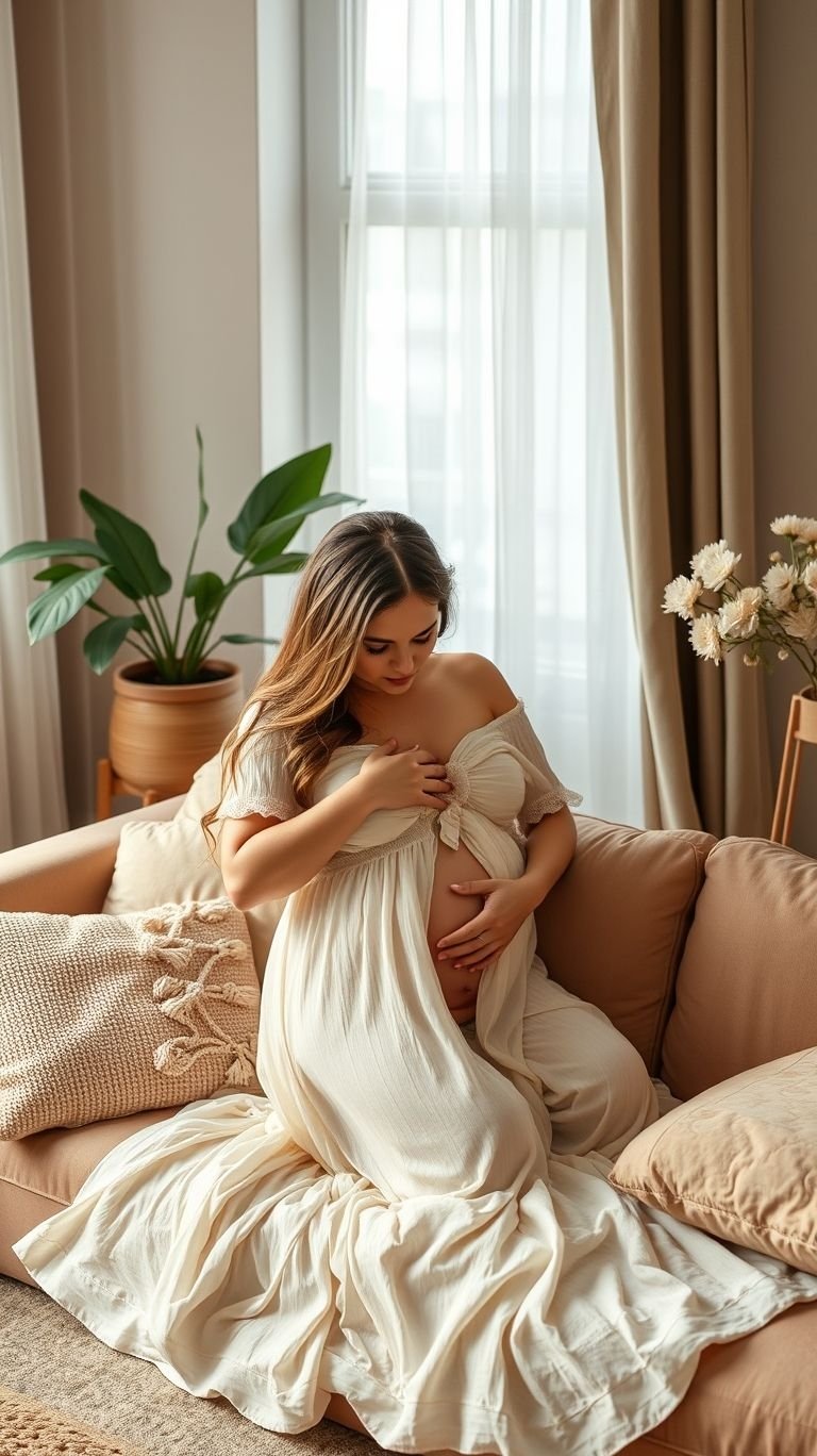 85 Pregnancy Photoshoot Ideas That Capture Pure Joy | Pocoko White, light, and magical! These classic indoor poses are perfect for creating soft, radiant maternity photos you'll cherish forever.