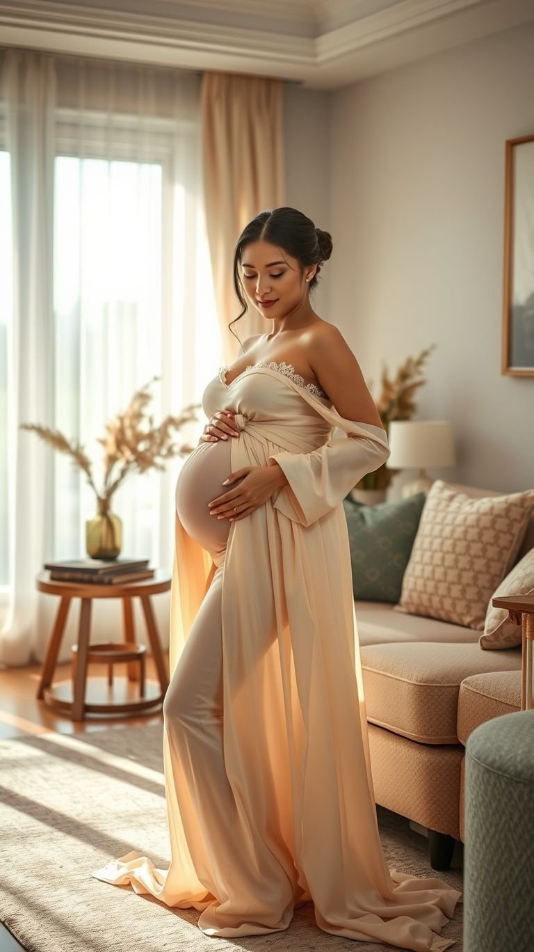 85 Pregnancy Photoshoot Ideas That Capture Pure Joy | Pocoko Soft light, flowing whites, and serene poses—indoor pregnancy shoots don’t get more timeless than this.