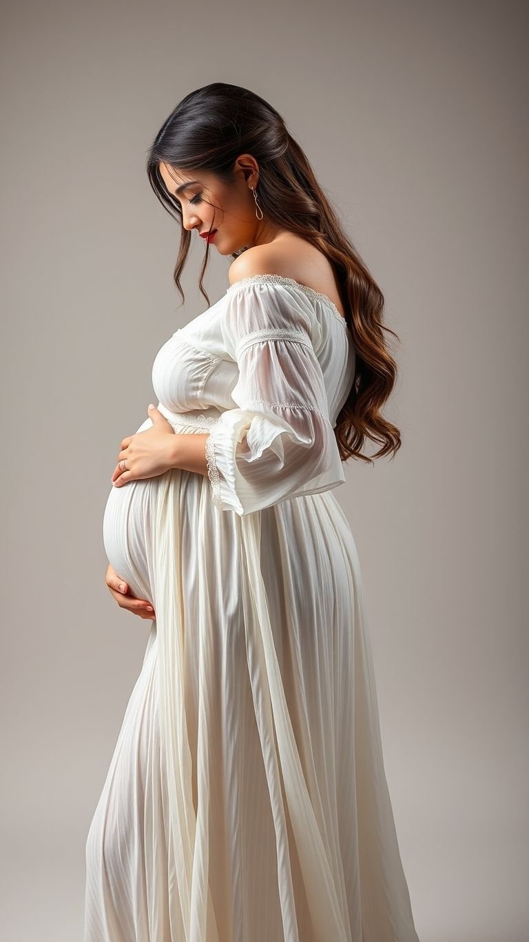 85 Pregnancy Photoshoot Ideas That Capture Pure Joy | Pocoko Dreamy, ethereal, and full of grace! Classic white-themed indoor maternity photos capture the beauty of motherhood at its finest.
