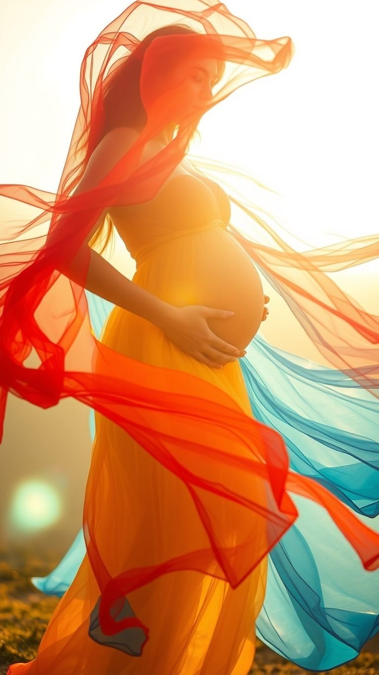 85 Pregnancy Photoshoot Ideas That Capture Pure Joy | Pocoko A pop of color, a breeze of beauty—floating veils make pregnancy photoshoots dynamic and oh-so-magical!