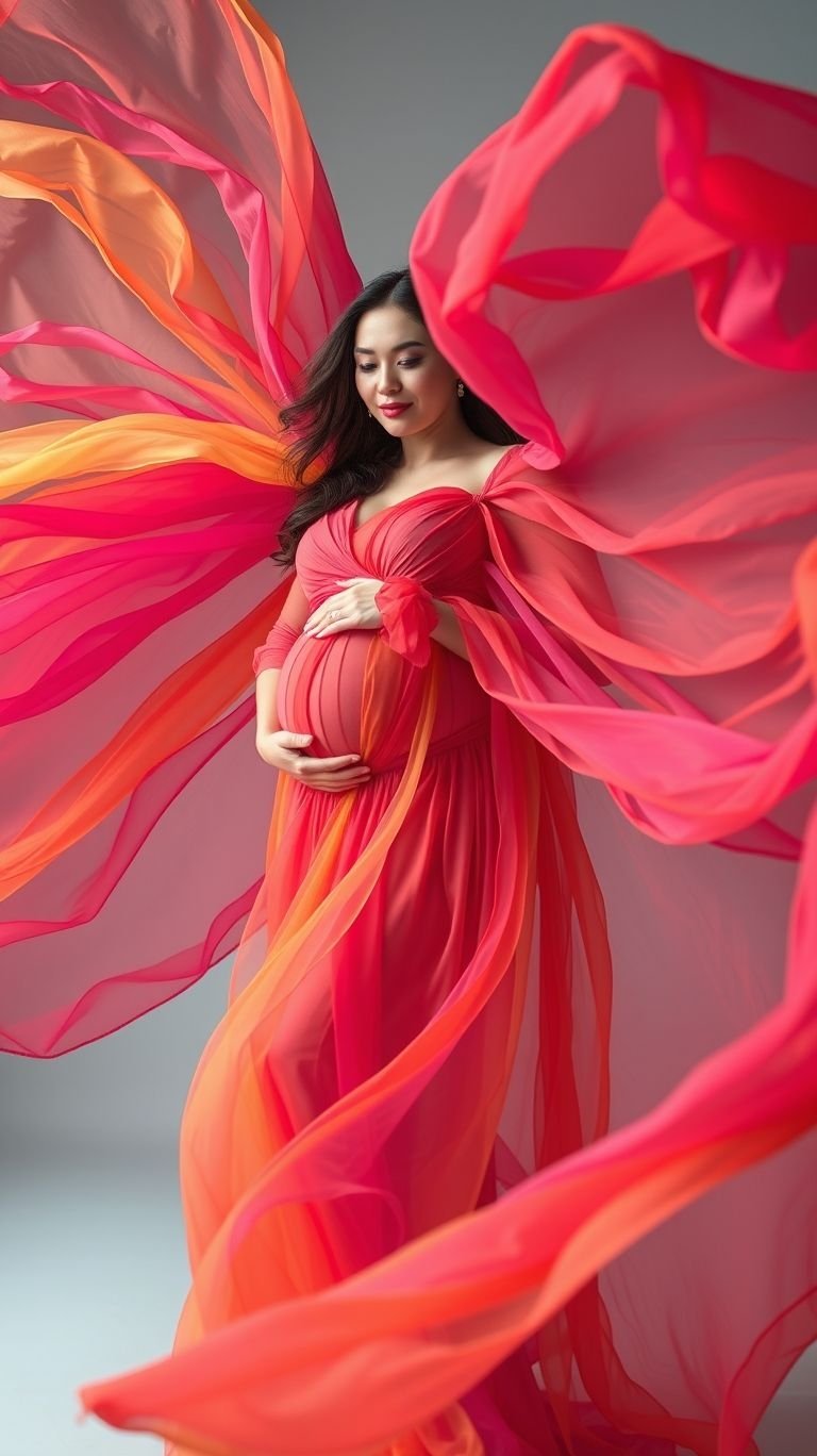 85 Pregnancy Photoshoot Ideas That Capture Pure Joy | Pocoko Bring your pregnancy glow to life with a veil that adds a spectrum of colors to your photos. It’s bold, unique, and unforgettable!