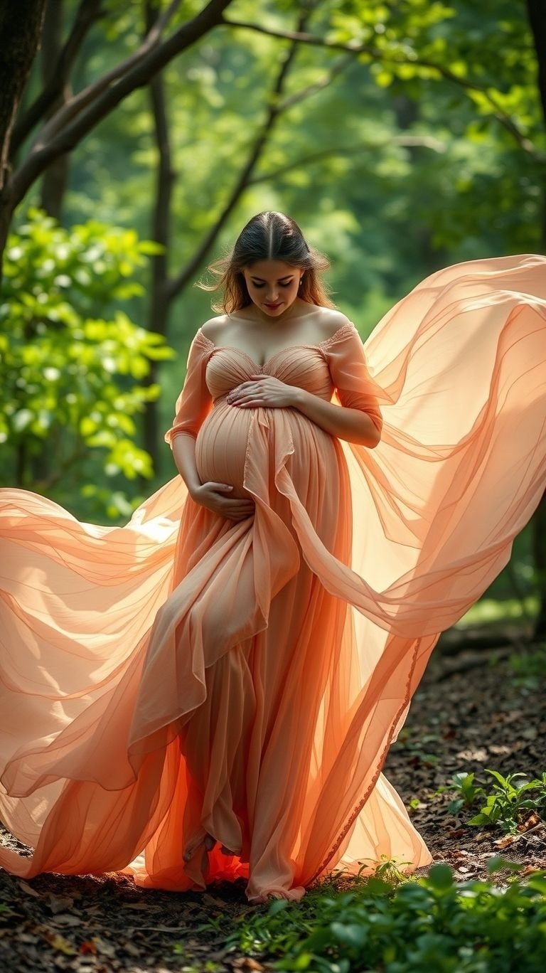 85 Pregnancy Photoshoot Ideas That Capture Pure Joy | Pocoko Why settle for simple when you can go bold? A colorful floating veil adds vibrancy and magic to your pregnancy photos, making them truly unforgettable.