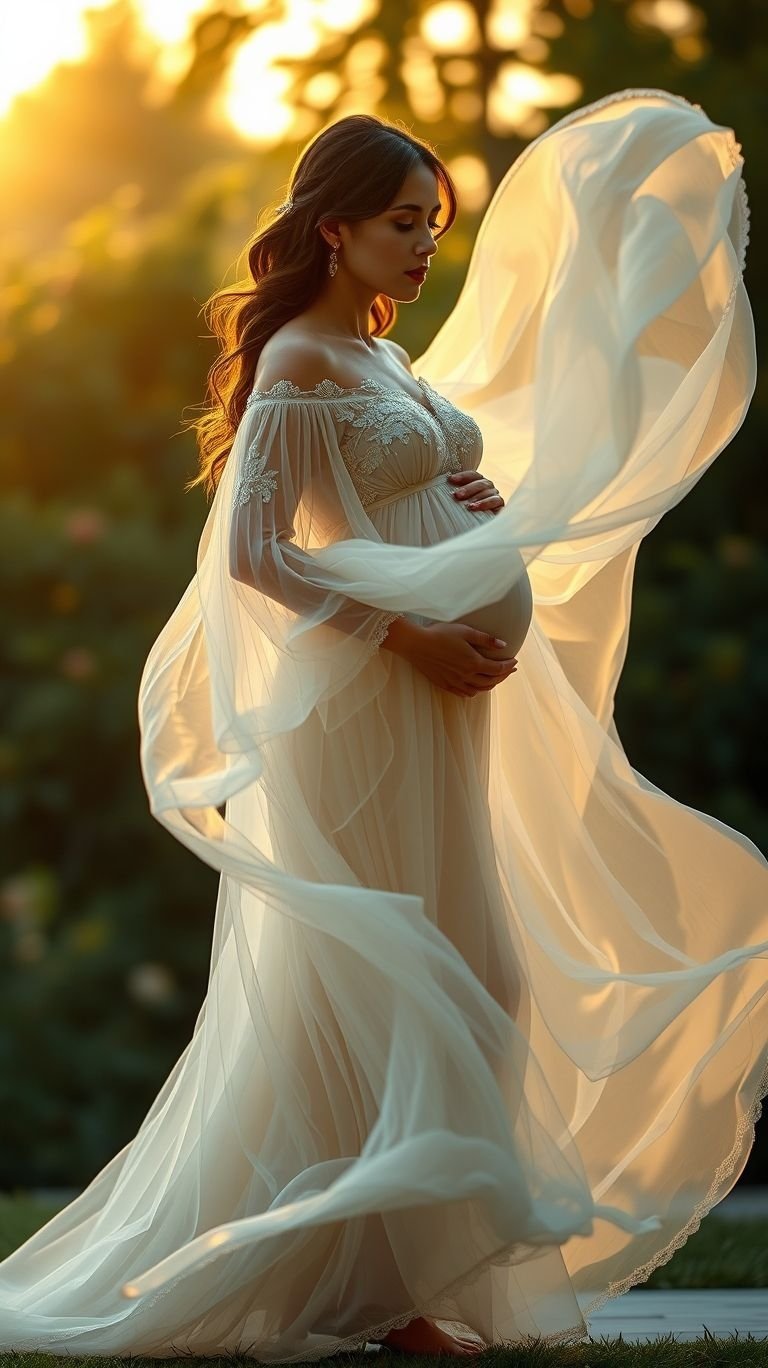 85 Pregnancy Photoshoot Ideas That Capture Pure Joy | Pocoko Turn maternity photography into an art form with a floating veil that swirls in bold, eye-catching colors. Every shot becomes a masterpiece!