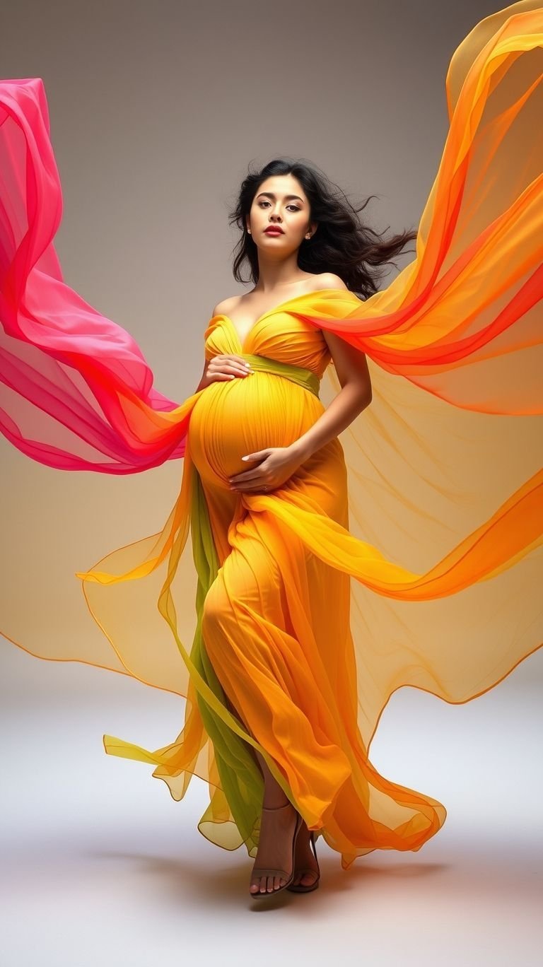 85 Pregnancy Photoshoot Ideas That Capture Pure Joy | Pocoko Celebrate your pregnancy with vibrant, flowing veils that create stunning movement in photos. It’s pure magic, captured perfectly.