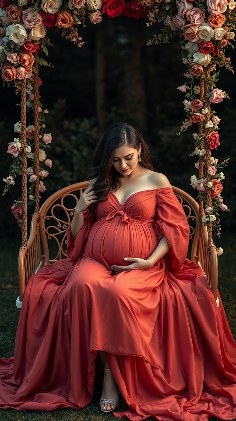 85 Pregnancy Photoshoot Ideas That Capture Pure Joy | Pocoko Channel fairytale vibes with a maternity shoot on a floral swing. Graceful, radiant, and utterly unforgettable!
