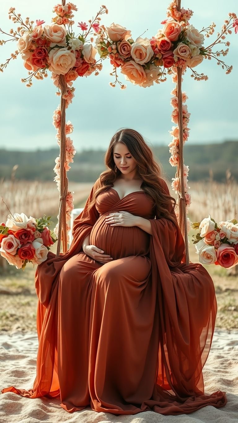 85 Pregnancy Photoshoot Ideas That Capture Pure Joy | Pocoko Because you deserve a seat fit for a queen! A floral swing elevates your maternity photos with its romantic, whimsical touch.