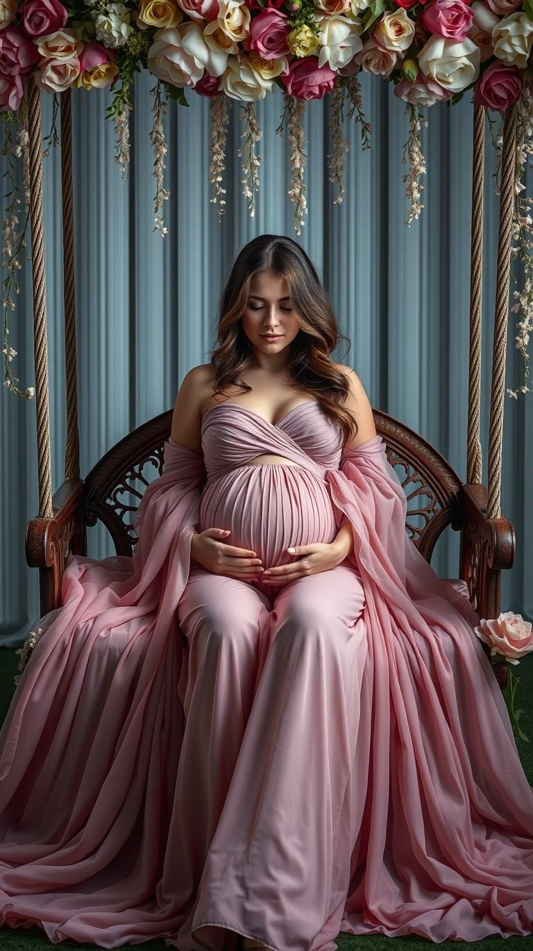 85 Pregnancy Photoshoot Ideas That Capture Pure Joy | Pocoko Swing into serenity with maternity photos featuring lush florals. This setup captures the beauty of pregnancy in its most natural form.