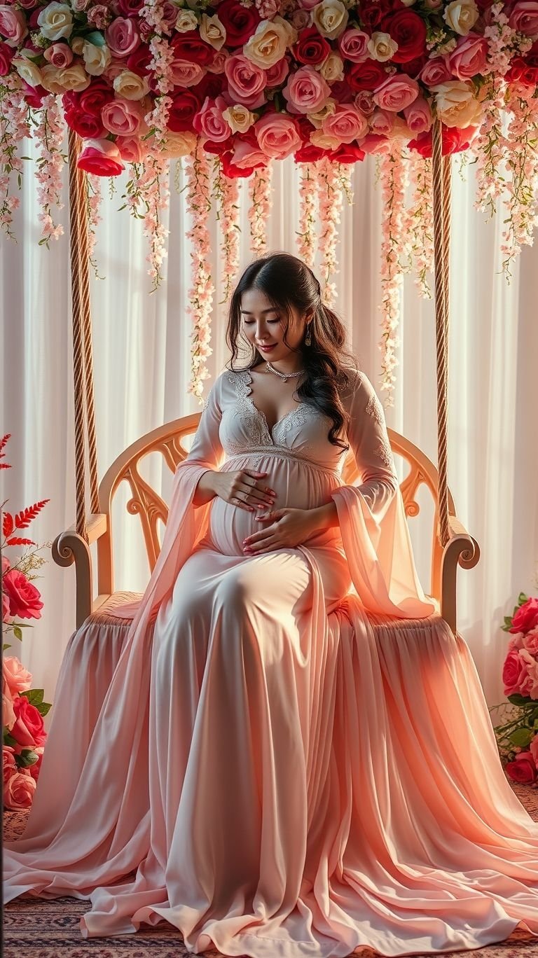 85 Pregnancy Photoshoot Ideas That Capture Pure Joy | Pocoko Bloom and glow! A floral swing adds charm and natural beauty to your maternity shoot, making every frame feel like poetry.