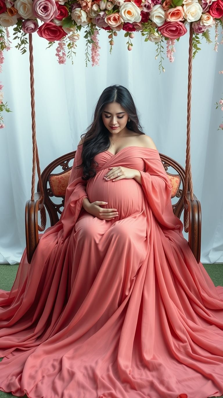 85 Pregnancy Photoshoot Ideas That Capture Pure Joy | Pocoko Bring on the florals! Sitting on a blooming swing is the perfect way to showcase your joy and glow in your pregnancy photos.