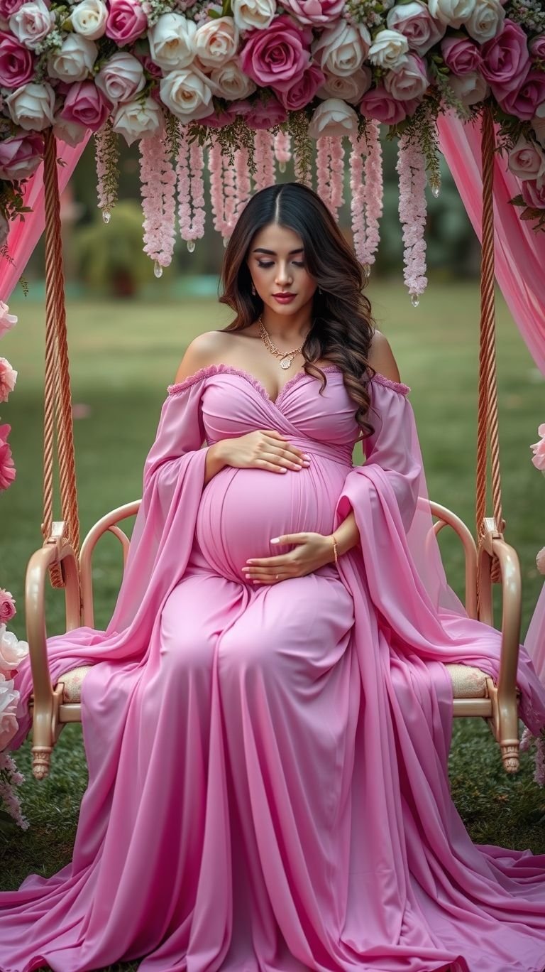 85 Pregnancy Photoshoot Ideas That Capture Pure Joy | Pocoko A floral swing sets the stage for pregnancy photos that are equal parts graceful and stunning. Truly a moment to treasure forever.