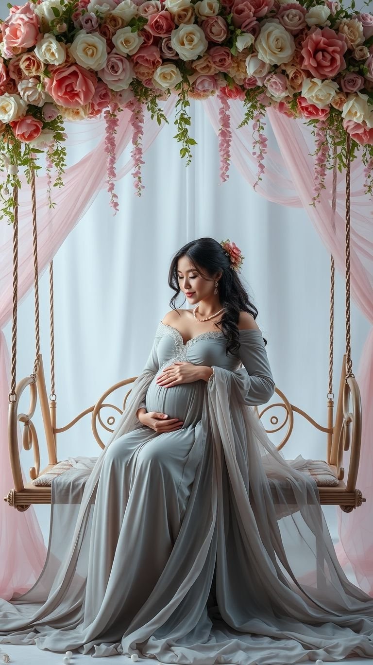 85 Pregnancy Photoshoot Ideas That Capture Pure Joy | Pocoko Say hello to timeless maternity photography! Sitting on a floral swing blends natural charm with your gorgeous pregnancy glow.