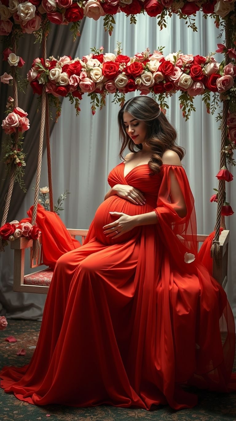 85 Pregnancy Photoshoot Ideas That Capture Pure Joy | Pocoko Soft florals and a delicate swing—this idea turns your pregnancy photos into a celebration of beauty and nature.