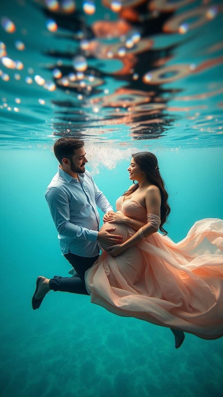 85 Pregnancy Photoshoot Ideas That Capture Pure Joy | Pocoko Underwater maternity shoots add a surreal touch of elegance—flowing fabric, natural light, and pure serenity.