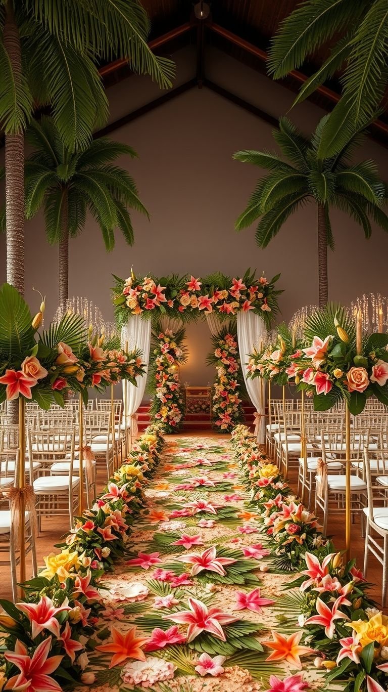 Tropical Wedding Ideas: Guaranteed Gorgeous Celebrations | Pocoko A tropical floral aisle? Yes, please! Bright, bold blooms and cascading greenery make every step toward 'forever' picture-perfect.