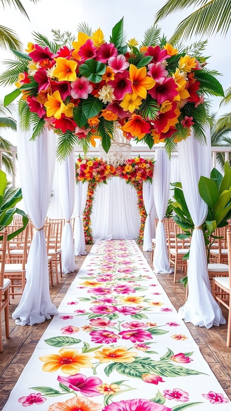 Tropical Wedding Ideas: Guaranteed Gorgeous Celebrations | Pocoko Florals that pop, greenery that glows—tropical wedding aisle decor is the perfect way to make your grand entrance unforgettable.