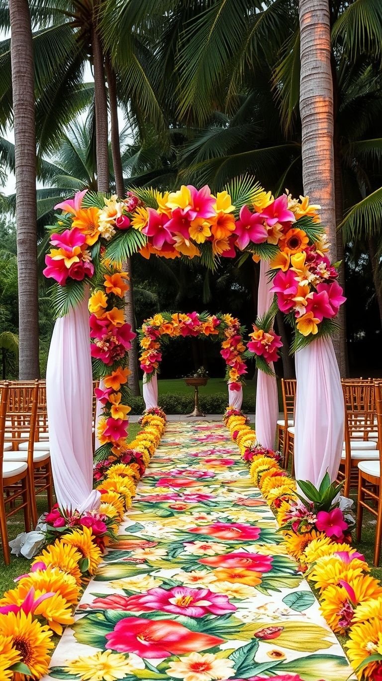 Tropical Wedding Ideas: Guaranteed Gorgeous Celebrations | Pocoko Gorgeous petals, lush greens, and an aisle that feels straight out of a beachside fairytale. Tropical florals make every step magical!