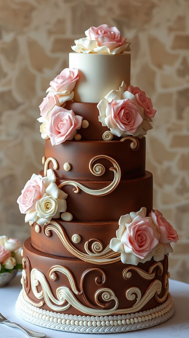 75+ Chocolate Wedding Cakes That Are Too Indulgent to Ignore | Pocoko A swirl of chocolate and vanilla, topped with love and happiness—this wedding cake is every bit as enchanting as your big day!
