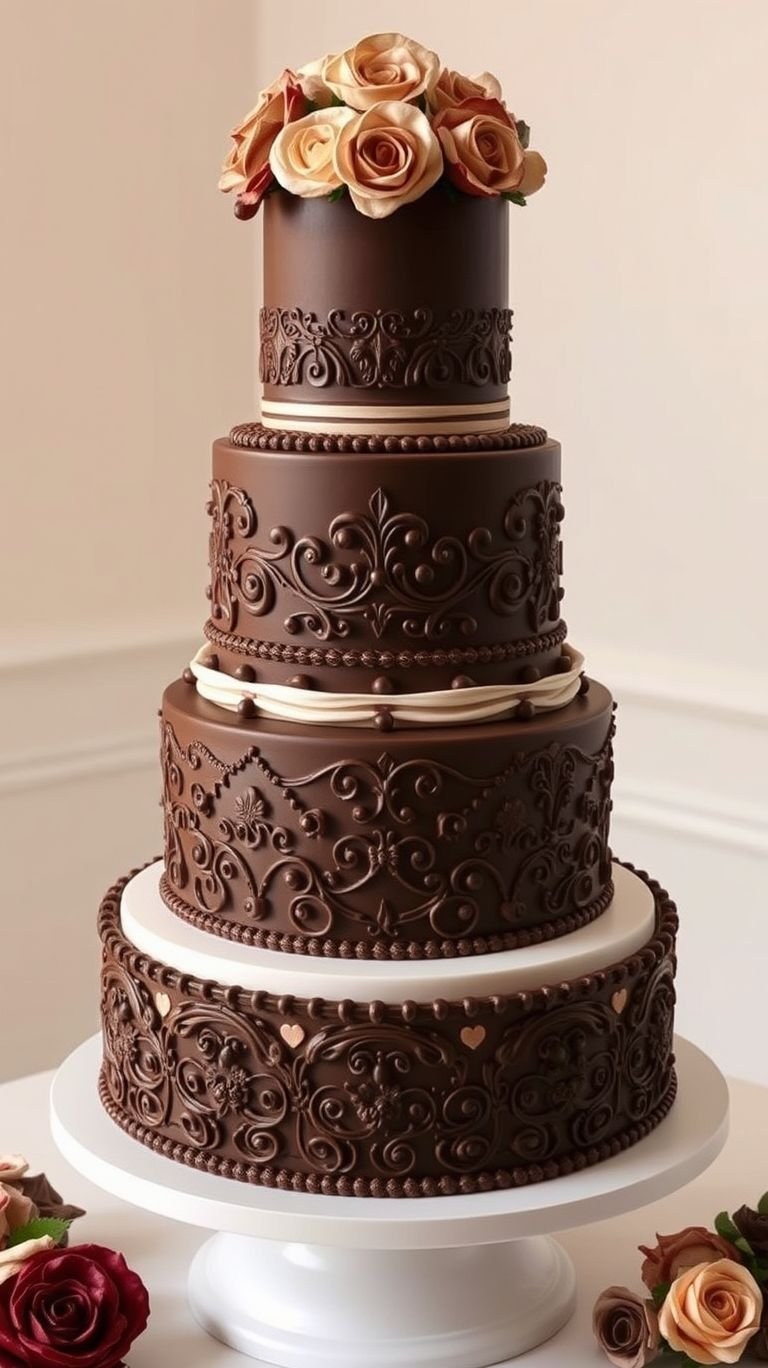 75+ Chocolate Wedding Cakes That Are Too Indulgent to Ignore | Pocoko Dark, decadent chocolate meets airy vanilla in a wedding cake so stunning, even the guests will be snapping photos before the first bite!
