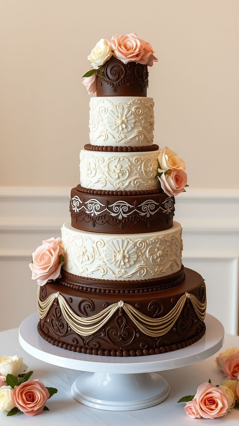 75+ Chocolate Wedding Cakes That Are Too Indulgent to Ignore | Pocoko Why choose between chocolate and vanilla when you can have both? This wedding cake is pure indulgence wrapped in elegance.