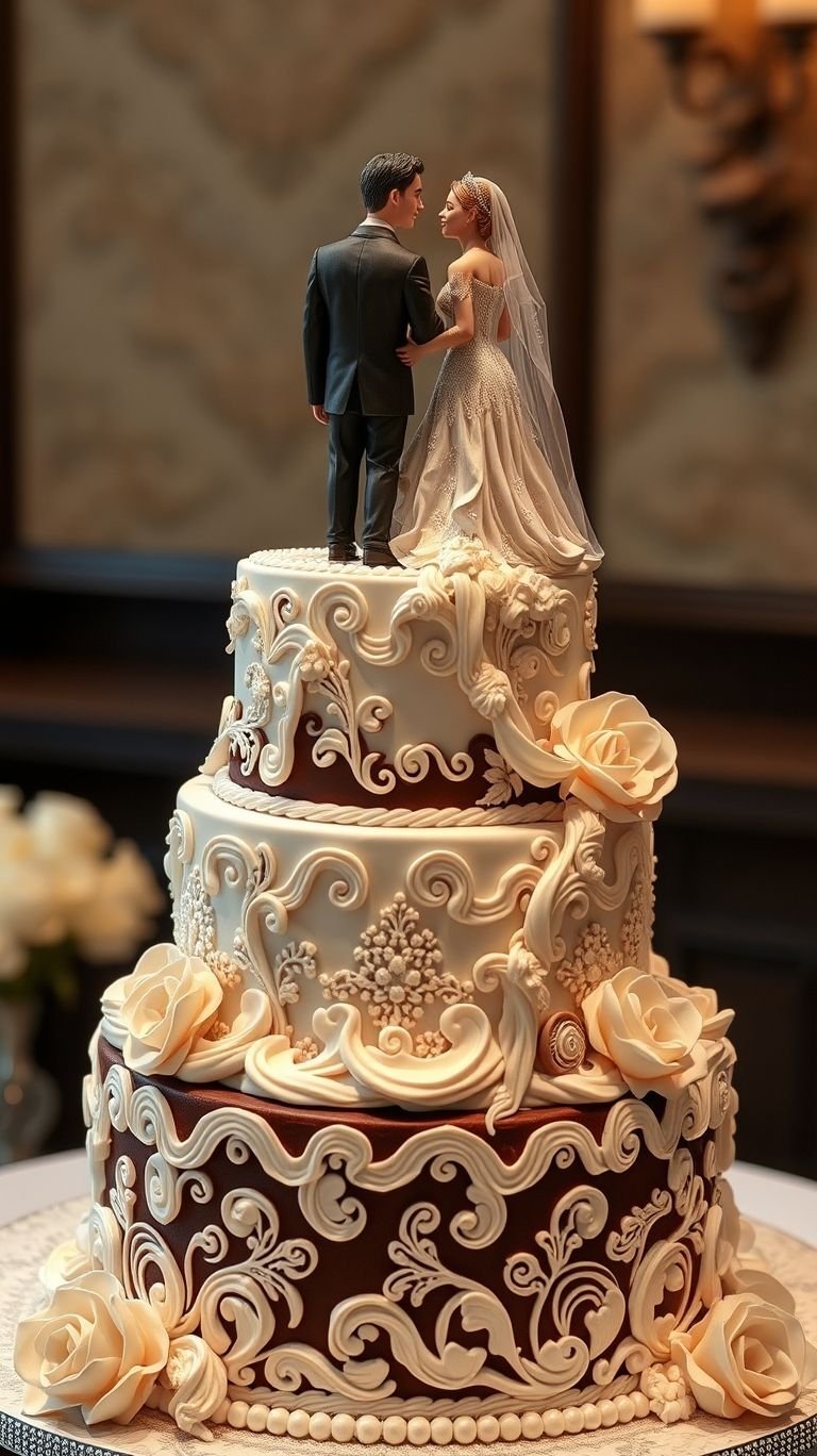 75+ Chocolate Wedding Cakes That Are Too Indulgent to Ignore | Pocoko A love story baked to perfection! This wedding cake is topped with the perfect couple—sweet, elegant, and ready to celebrate forever.