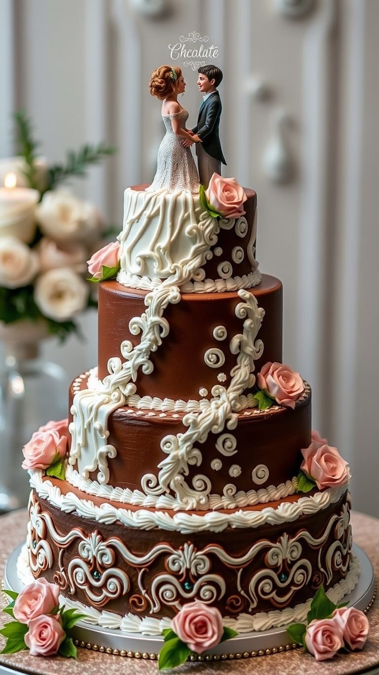 75+ Chocolate Wedding Cakes That Are Too Indulgent to Ignore | Pocoko Elegant tiers, stunning details, and the couple on top—because every wedding cake deserves its own love story.