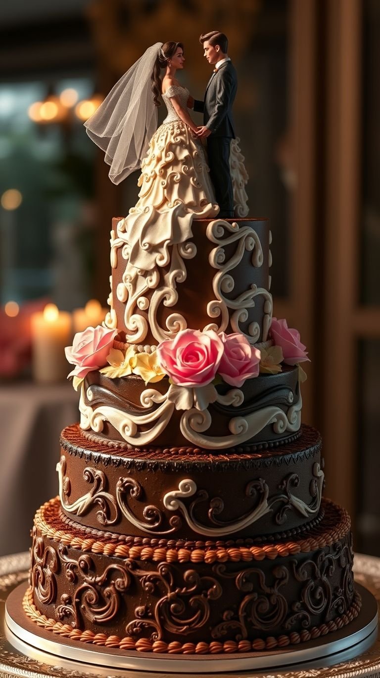 75+ Chocolate Wedding Cakes That Are Too Indulgent to Ignore | Pocoko A love-filled masterpiece with the perfect couple standing tall—because no wedding cake is complete without a sweet touch of romance!