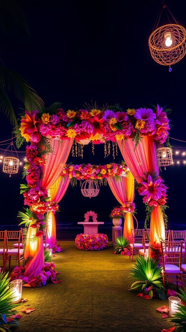 Tropical Wedding Ideas: Guaranteed Gorgeous Celebrations | Pocoko As the sun sets, your aisle comes to life—lush tropical florals, warm lighting, and pure wedding magic under the stars!