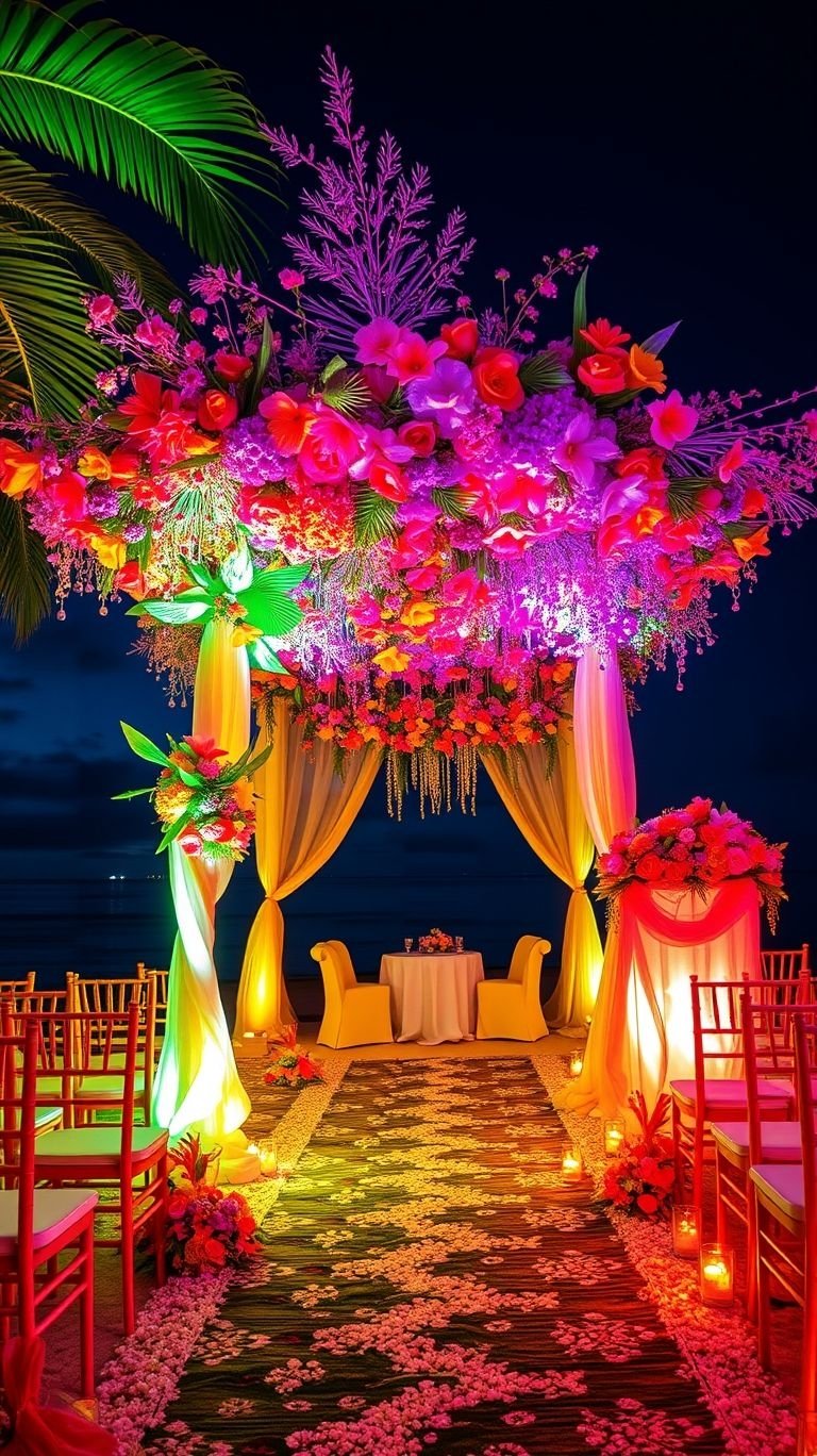 Tropical Wedding Ideas: Guaranteed Gorgeous Celebrations | Pocoko Under the stars with tropical florals lining your path—an evening wedding aisle that’s breathtaking, intimate, and straight out of a dream.