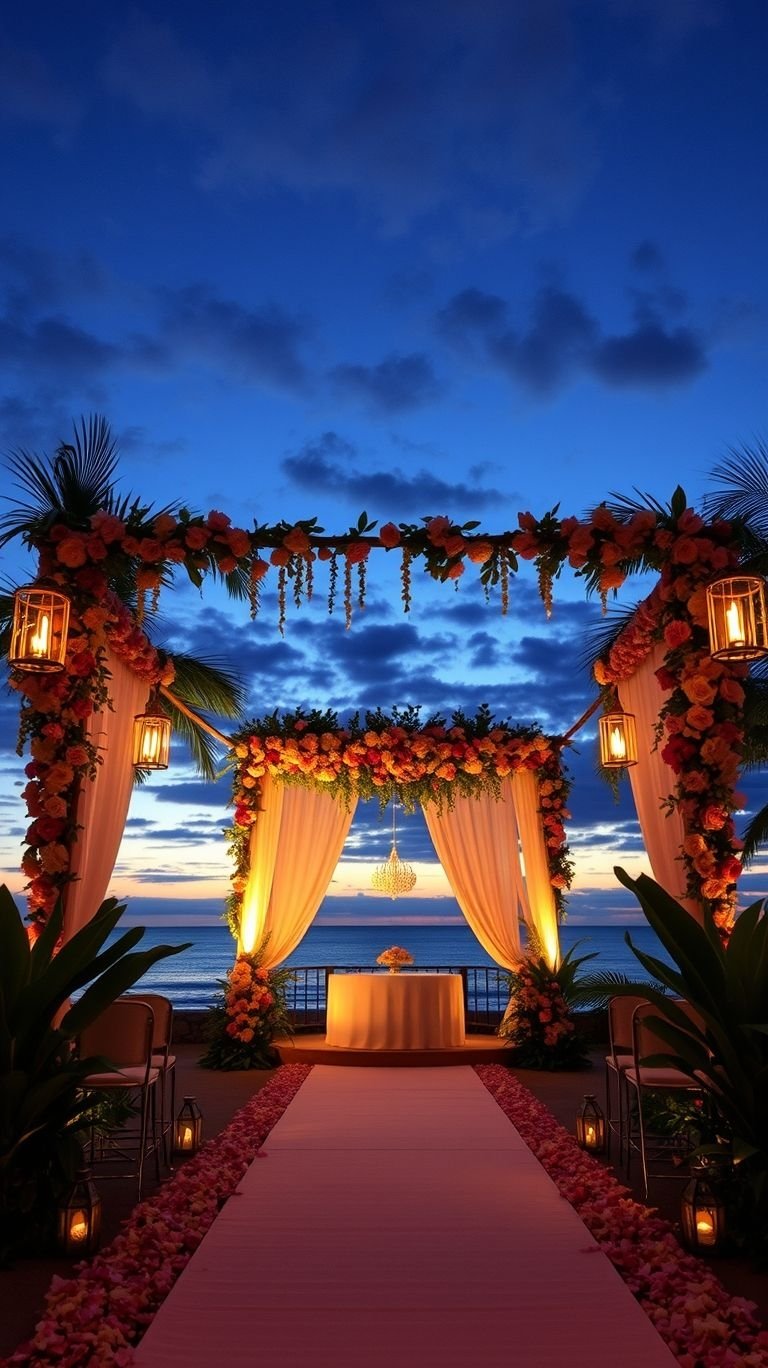 Tropical Wedding Ideas: Guaranteed Gorgeous Celebrations | Pocoko Imagine walking down a candlelit aisle surrounded by lush palms and exotic blooms—this is tropical wedding elegance at its finest!