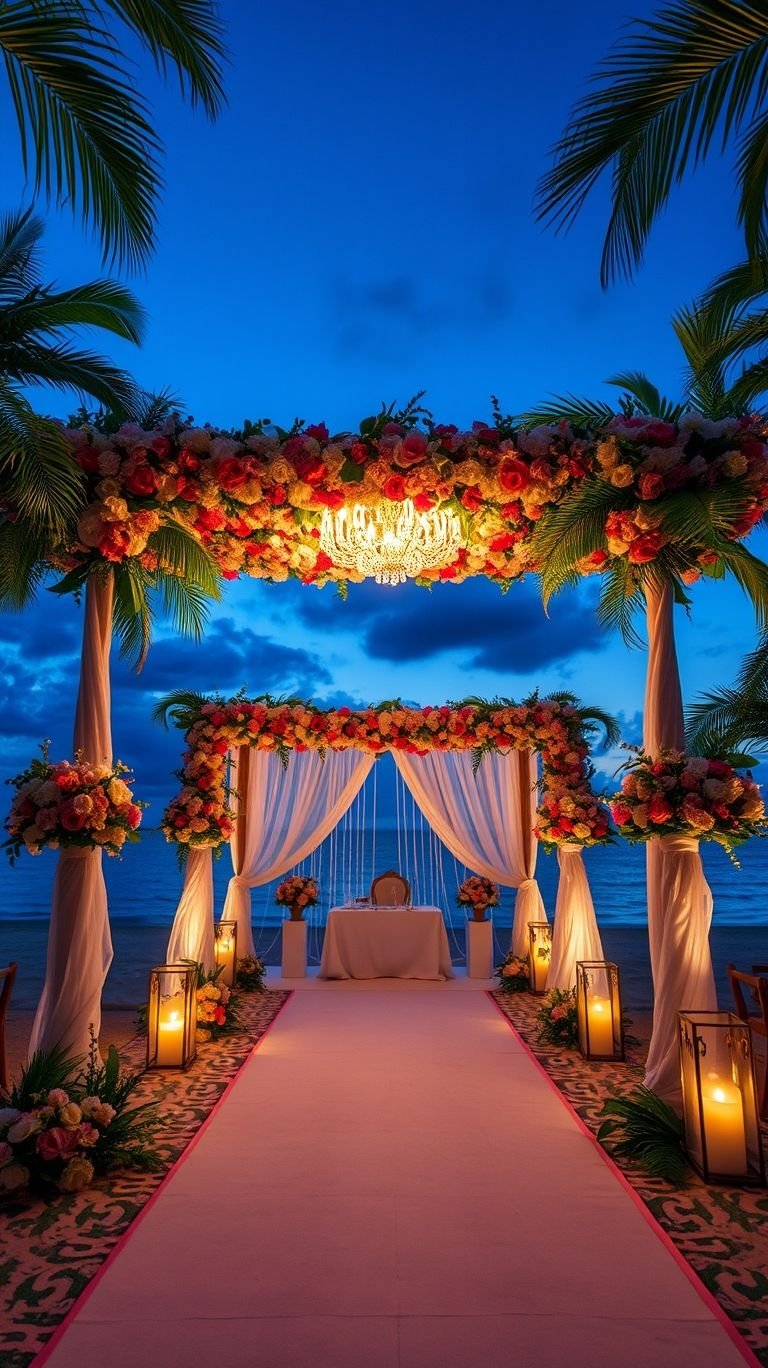 Tropical Wedding Ideas: Guaranteed Gorgeous Celebrations | Pocoko Tropical meets twilight in the most enchanting way! An evening wedding aisle filled with flickering lanterns and stunning florals is pure magic.