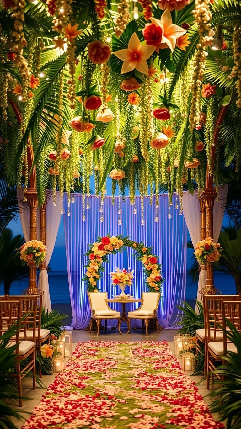 Tropical Wedding Ideas: Guaranteed Gorgeous Celebrations | Pocoko Soft glows, rich greenery, and sunset hues—your evening wedding aisle is transformed into a tropical paradise as night falls!