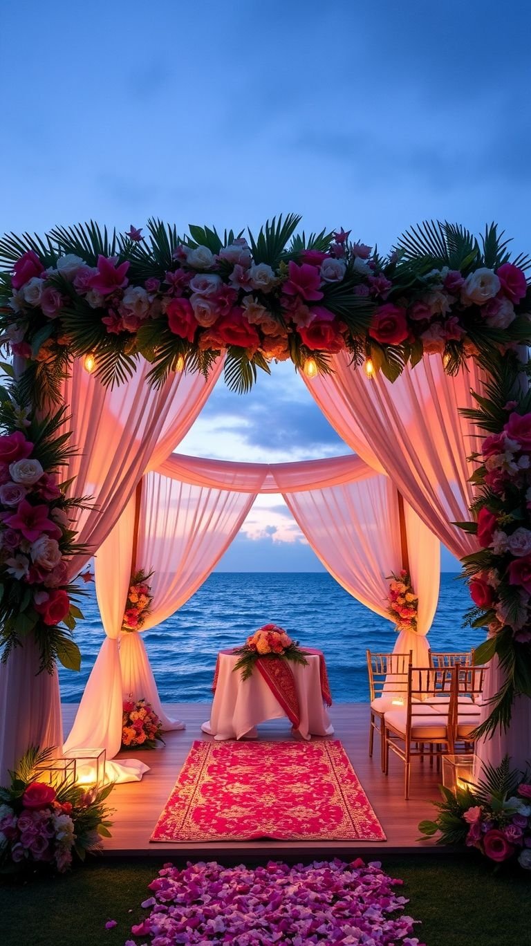 Tropical Wedding Ideas: Guaranteed Gorgeous Celebrations | Pocoko Florals in deep sunset tones, flickering candles, and tropical vibes—your evening wedding aisle deserves this dreamy glow-up!