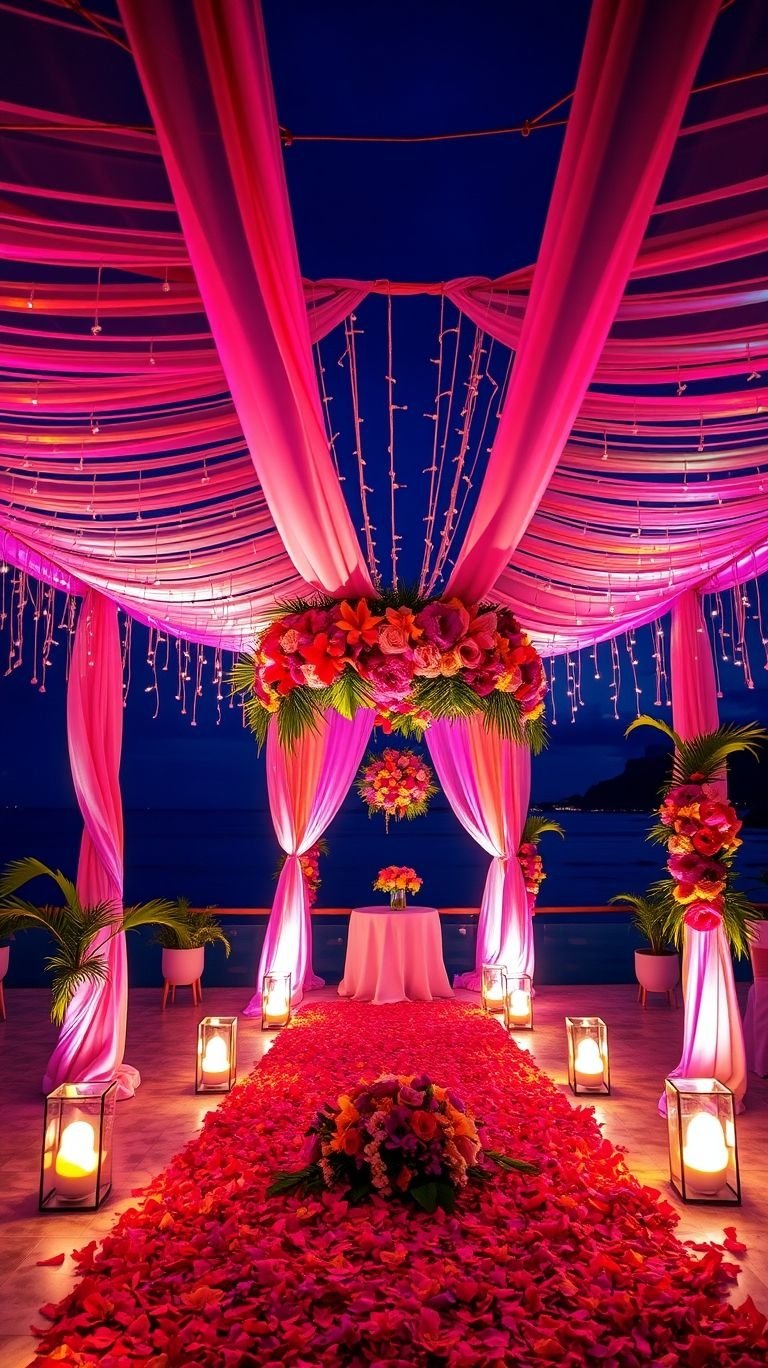 Tropical Wedding Ideas: Guaranteed Gorgeous Celebrations | Pocoko A night to remember starts with a dreamy aisle lined with palm leaves and soft candlelight—a tropical wedding masterpiece!