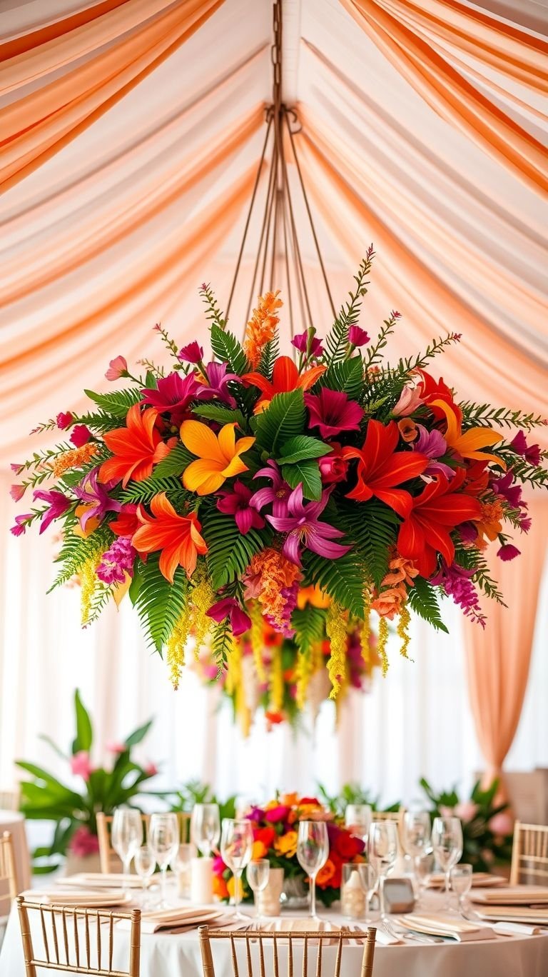 Tropical Wedding Ideas: Guaranteed Gorgeous Celebrations | Pocoko Lush, exotic, and pure magic—hanging wedding bouquets are proof that flowers should never be confined to tables!