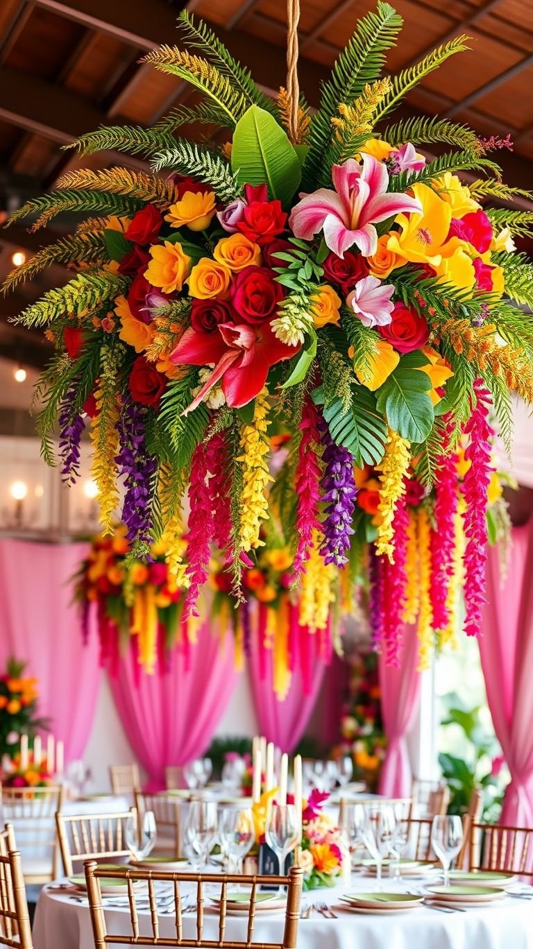 Tropical Wedding Ideas: Guaranteed Gorgeous Celebrations | Pocoko Add movement and artistry to your wedding decor with tropical hanging bouquets—because florals look even better when they float!