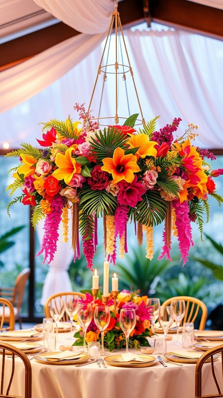 Tropical Wedding Ideas: Guaranteed Gorgeous Celebrations | Pocoko An aisle, an altar, and florals in the sky—hanging bouquets make your tropical wedding feel fresh, unique, and visually stunning!