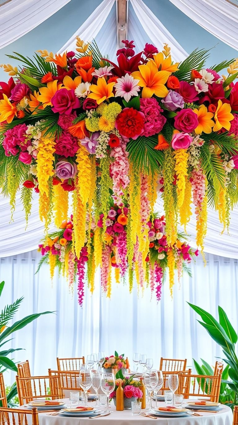 Tropical Wedding Ideas: Guaranteed Gorgeous Celebrations | Pocoko Turn your wedding venue into a garden in the sky! Hanging bouquets create a breathtaking tropical experience from above.