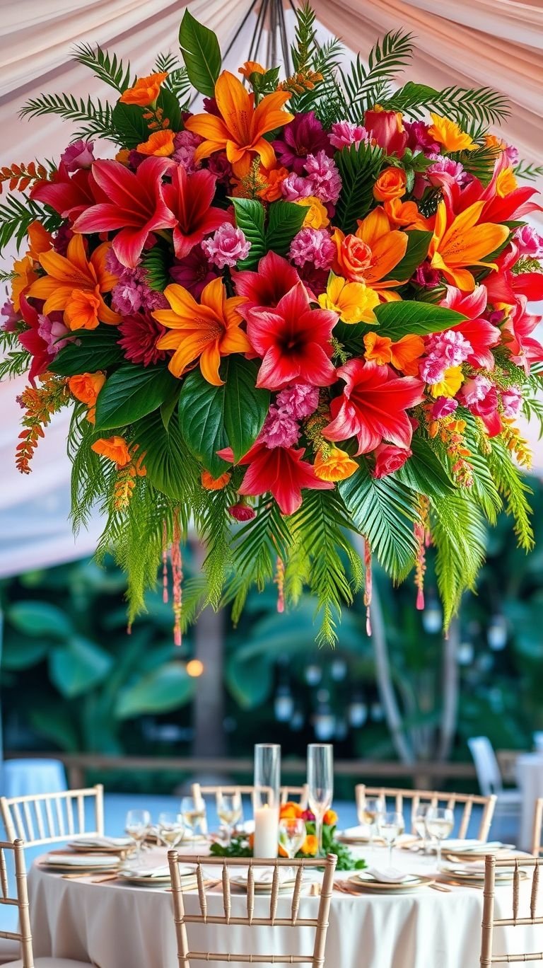 Tropical Wedding Ideas: Guaranteed Gorgeous Celebrations | Pocoko Every wedding deserves a touch of drama—suspended bouquets bring bold tropical colors and artistic elegance to your space!