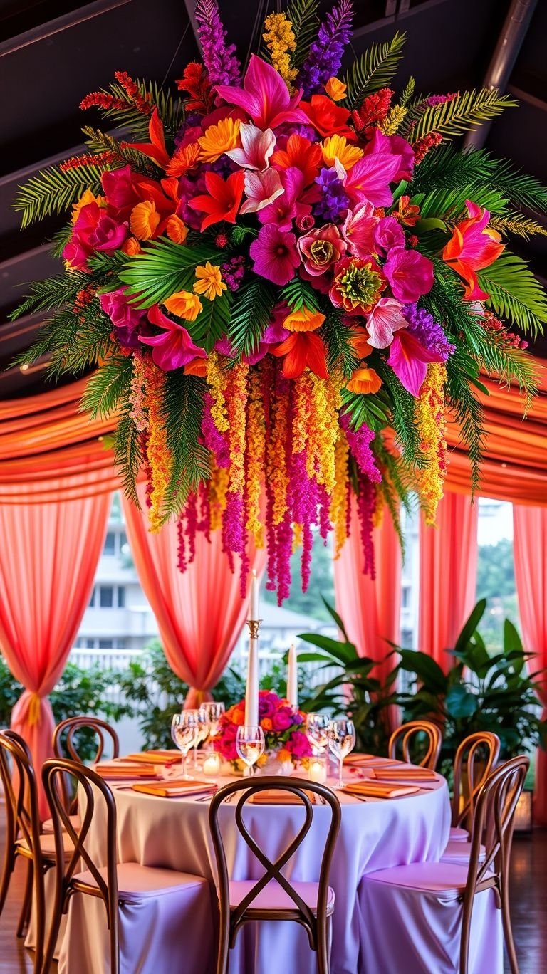 Tropical Wedding Ideas: Guaranteed Gorgeous Celebrations | Pocoko Think floating paradise! Suspended tropical flowers bring a fresh, dreamy aesthetic to wedding spaces in the most breathtaking way.