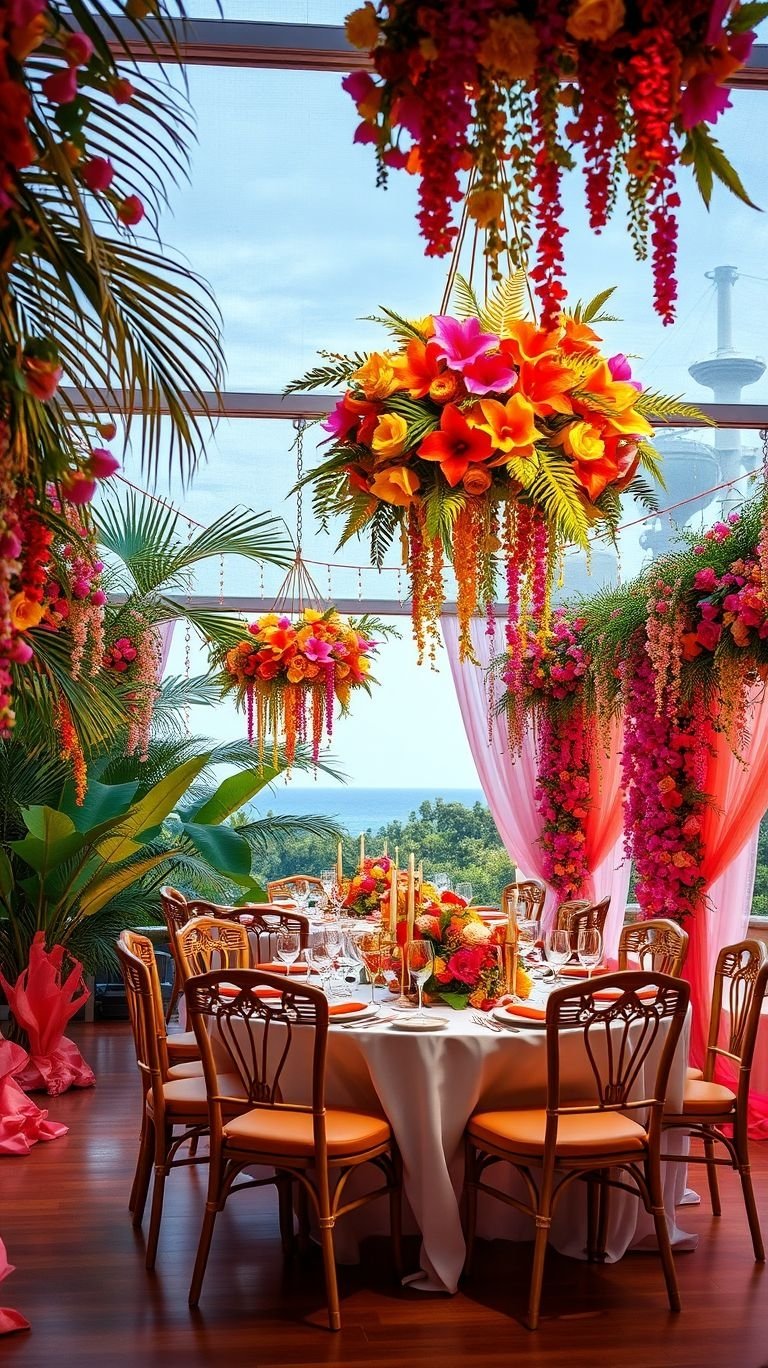 Tropical Wedding Ideas: Guaranteed Gorgeous Celebrations | Pocoko A ceiling full of blooms? Yes, please! Hanging bouquets add pure romance and bold tropical beauty to your wedding day.